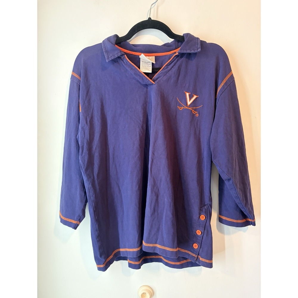 Vintage UVA Cavaliers 3/4 Sleeve Collared Shirt Blue Womans XL Embroidered Logo‎